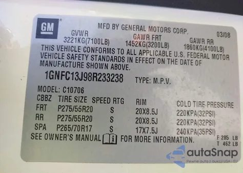 2008 Chevrolet Tahoe Ltz z USA, uszkodzony, nr VIN 1GNFC13J98R233238